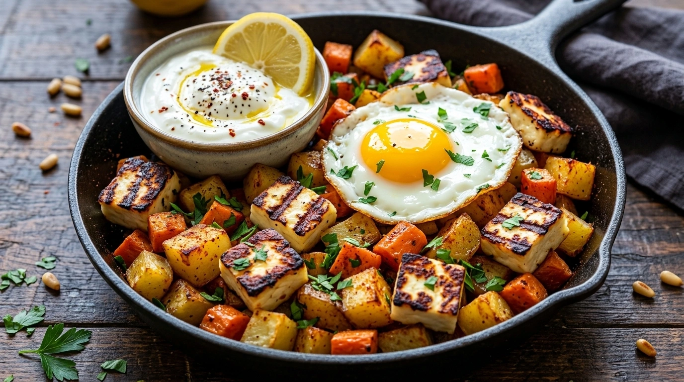 Vegetarisk Halloumipytt i panna med spegelägg